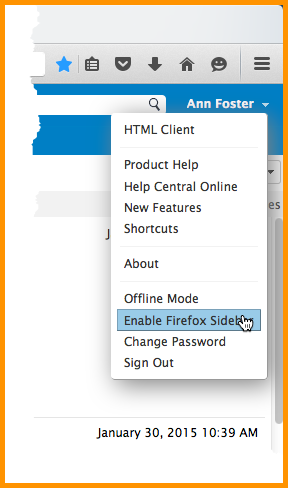 1. Avaa käyttäjänimesi oikealla puolella oleva valikko ja valitse "Enable Firefox Sidebar".